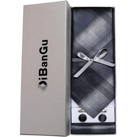 🆕Men Grey Plaid Silk Checkered Necktie Pocket Square Cufflinks Tie Clip Set - Picture 4 of 7